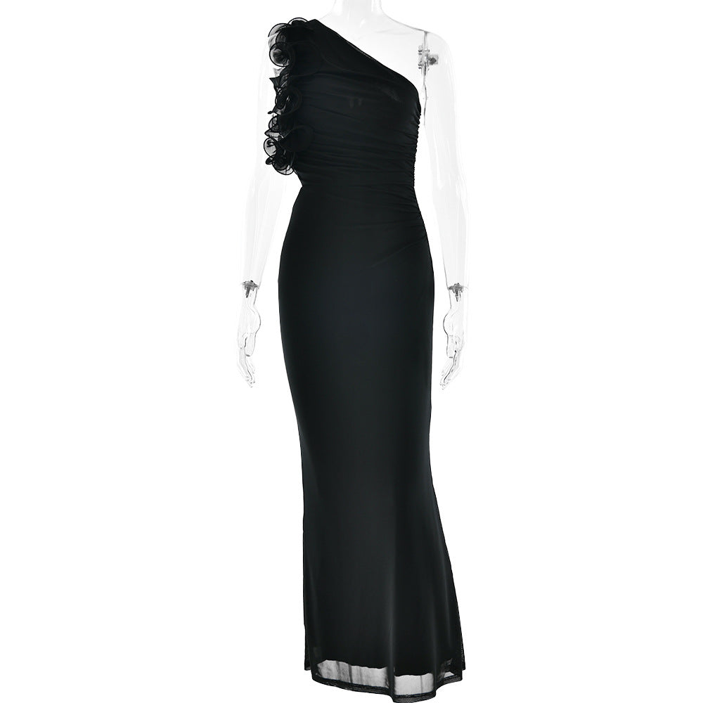 Women's figure-flattering midi dress with asymmetrical neckline and ruffle details, size [size]