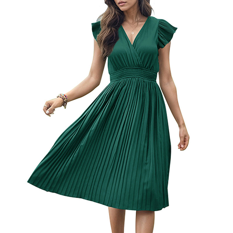 Women's midi dress with elegant pleated detail and V-neck, size