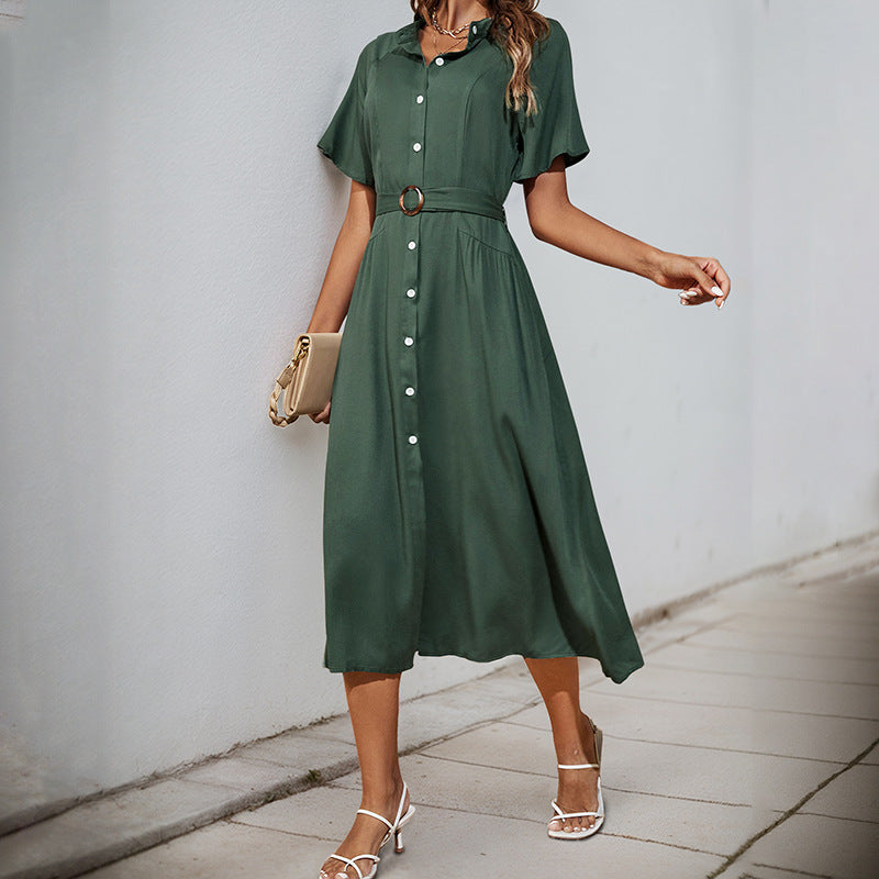 Women's midi dress with elegant button detail and narrow waist belt, size