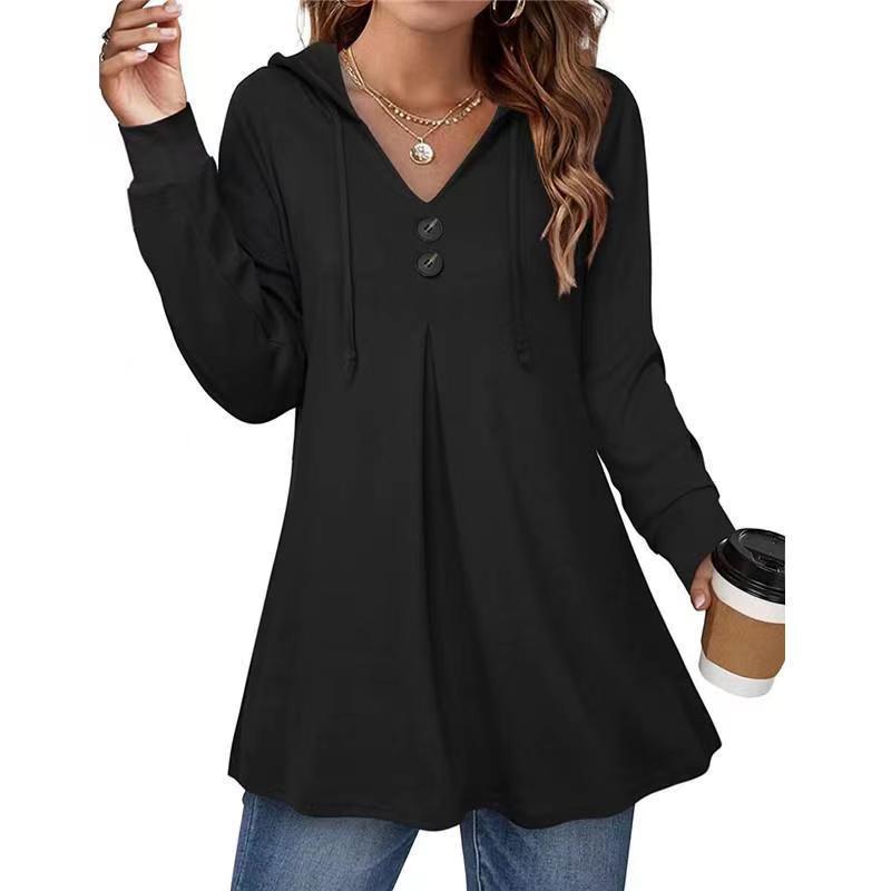 Women's hooded sweatshirt with button placket and flared cut, size