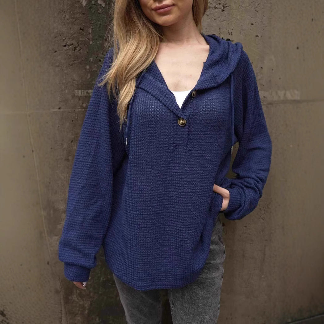 Valenzora | Solid Color Button Drawstring Loose Long Sleeve Hoodie