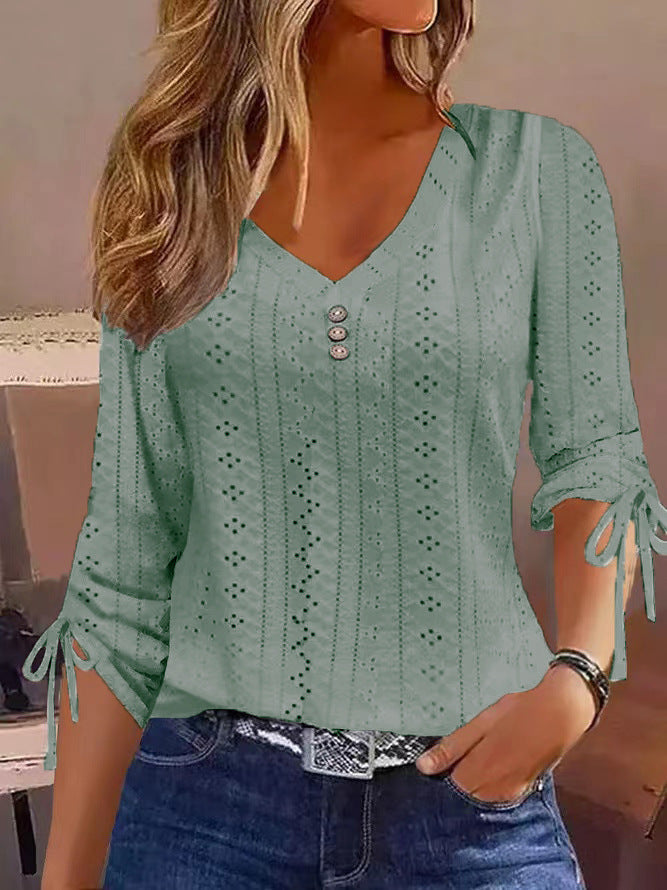 Women's blouse shirt with sophisticated openwork pattern and button details, size