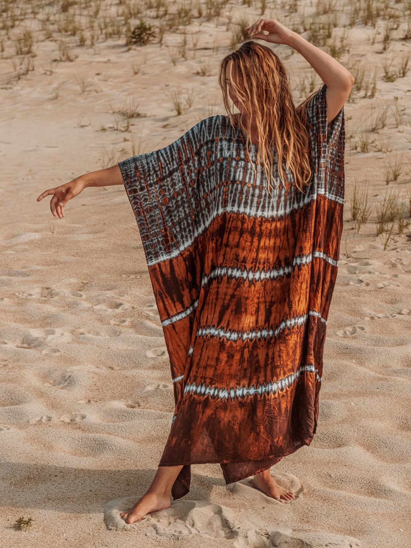 Women's beach kaftan with unique batik design and relaxed fit, size S