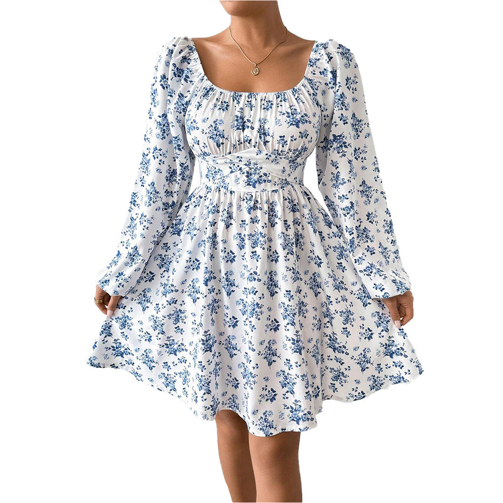 Women's airy floral dress with elegant ruching and long sleeves, size