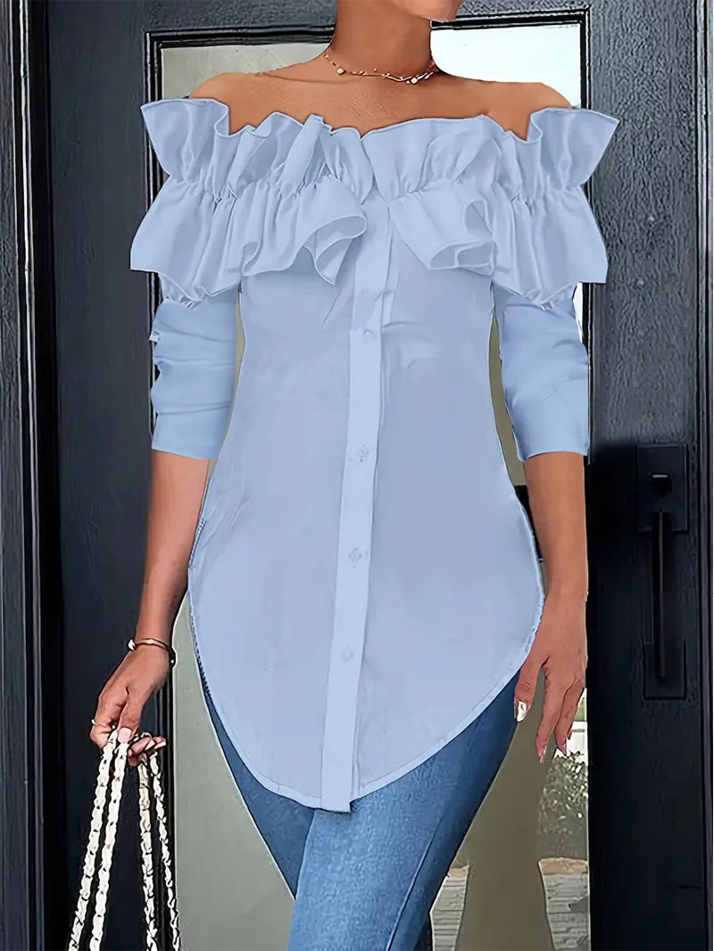 Damenbluse mit schulterfreiem Design und voluminösen Rüschendetails, Größe [Größe fehlt]