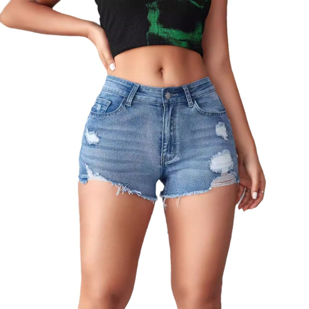 Women's casual denim shorts in a trendy distressed style with a high waistband, size Valenzora