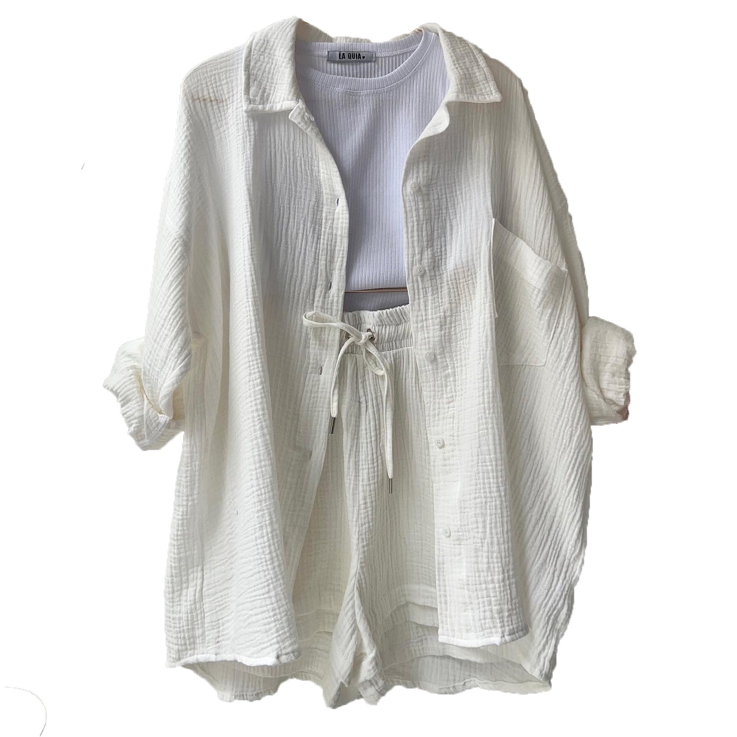 Women's casual summer outfit with modern button placket and elastic waistband, size S