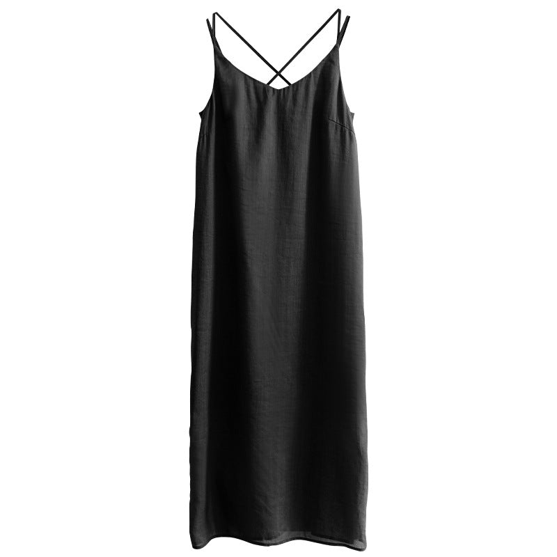 Elegantes Leinenkleid für Damen mit verstellbaren Spaghettiträgern und fließendem Schnitt, Größe S