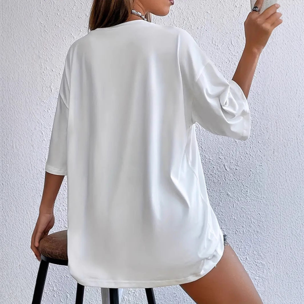 Valenzora | White Loose Short Sleeve Crew Neck Polyester T-Shirt
