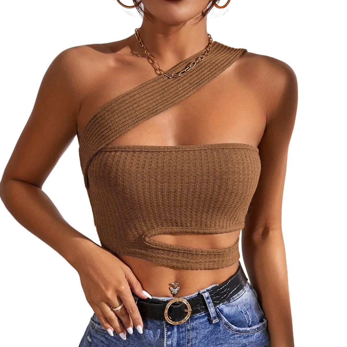 Damen-Asymmetrisches Crop-Top mit innovativem Cut-Out, Größe