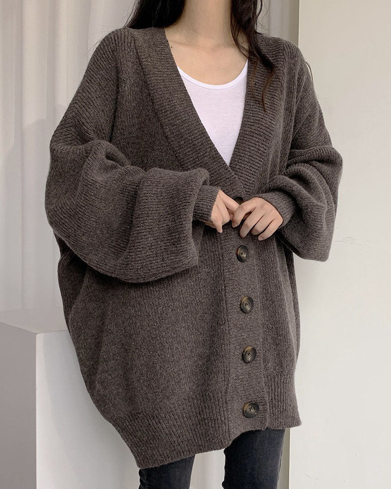 Valenzora V-Ausschnitt einreihiger lockerer Laternenärmel Strickcardigan