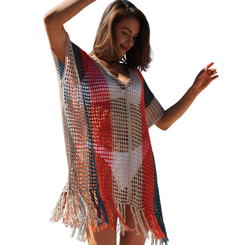 Women's beach tunic with fashionable mesh design and fringed hem, size Valenzora