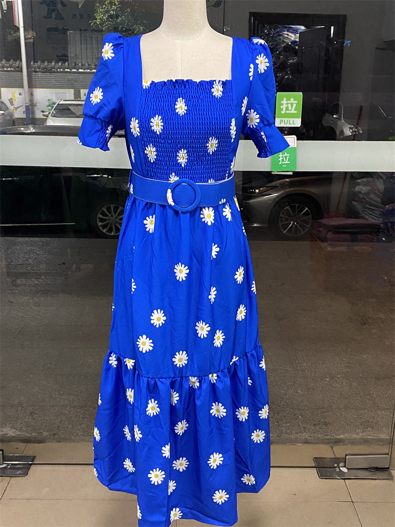 Valenzora | Printed, waist-defining U-neck elegant dress