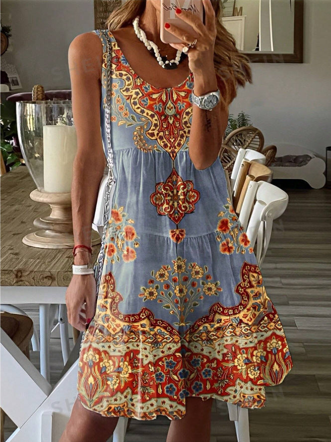 Women's summer tunic dress with floral patterns and a flowing skirt, size S