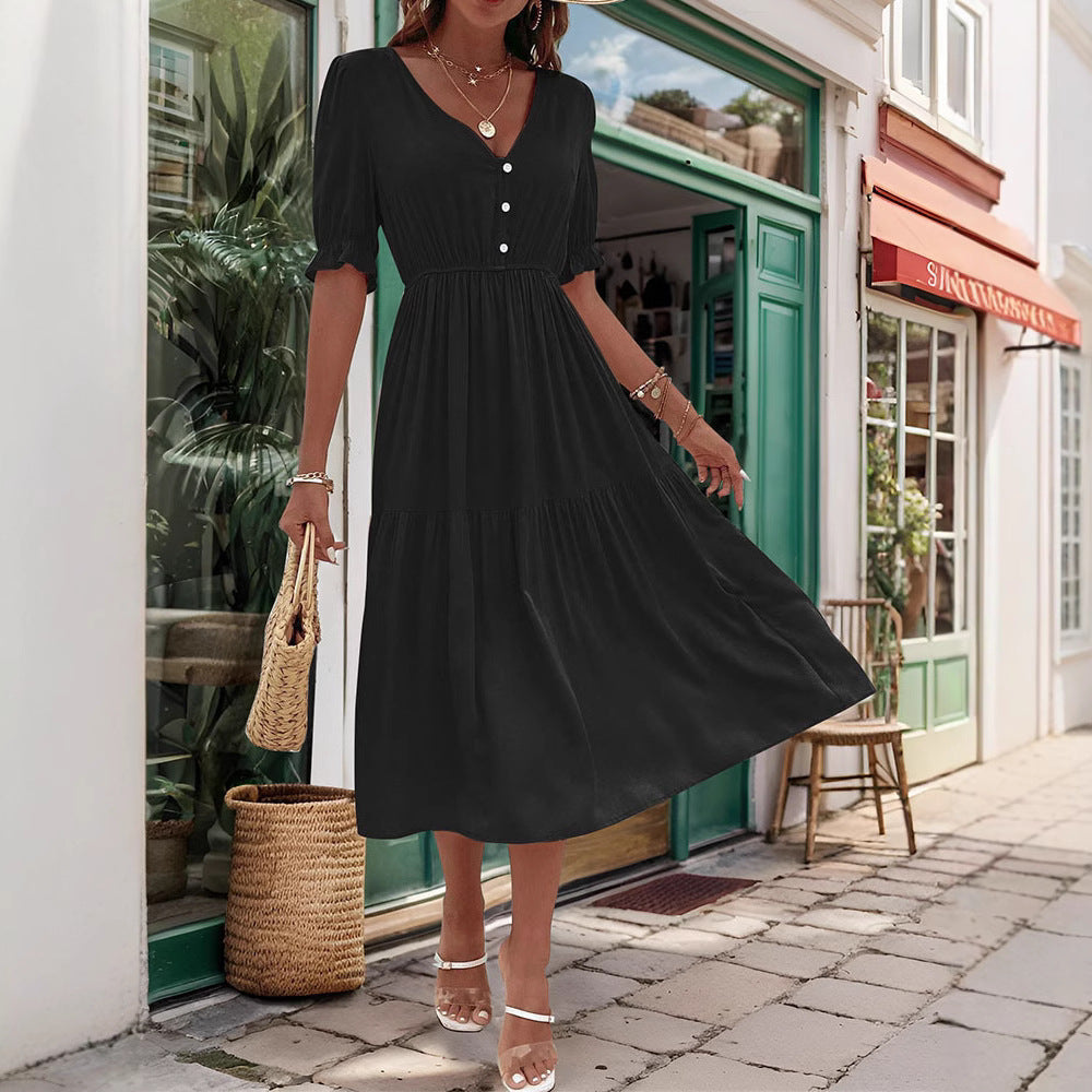 Women's midi dress with buttoned V-neck and airy puff sleeves, size