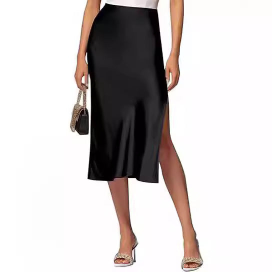 Women's satin midi skirt with high slit, size