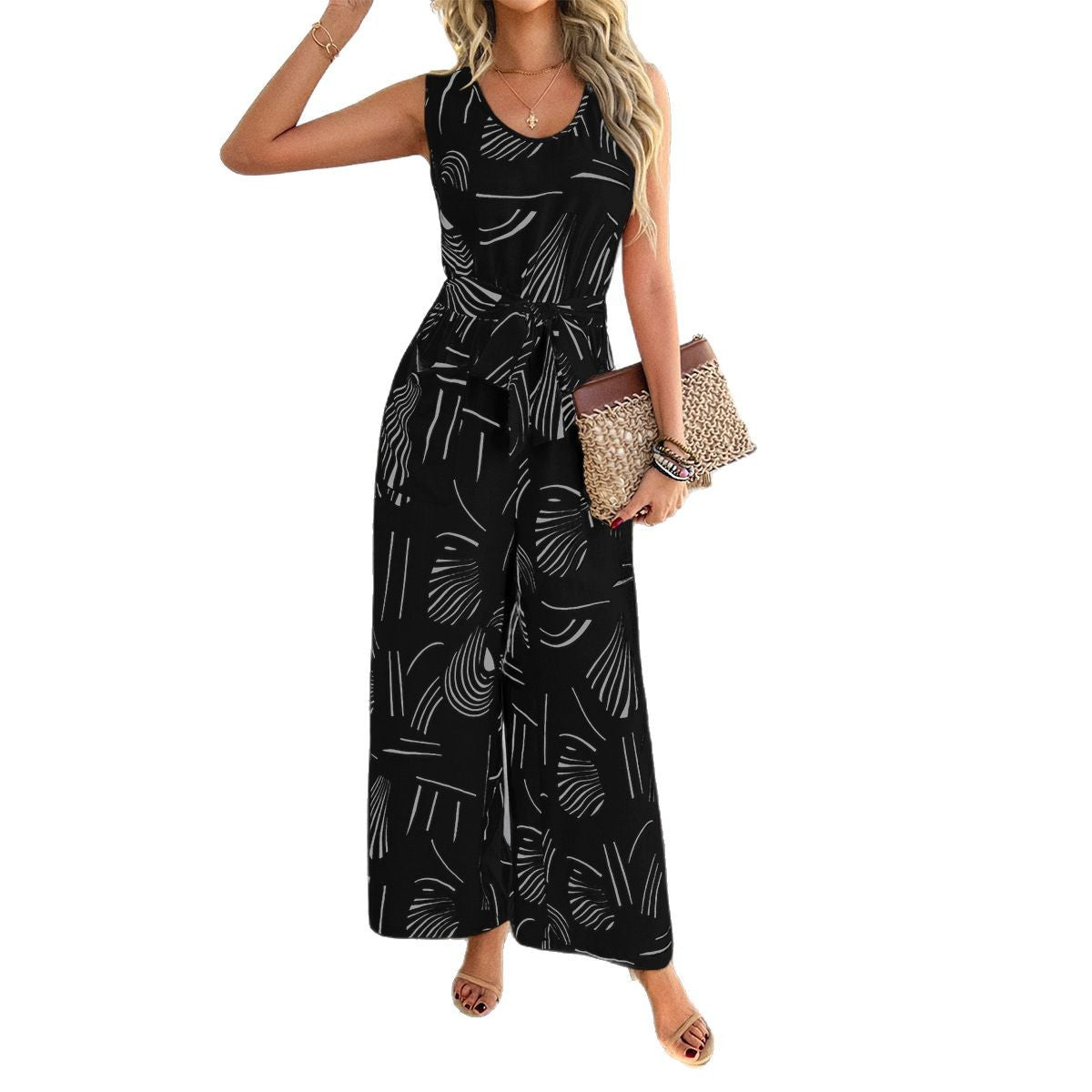 Women's Elegant Wide-Leg Jumpsuit with Adjustable Belt, Size