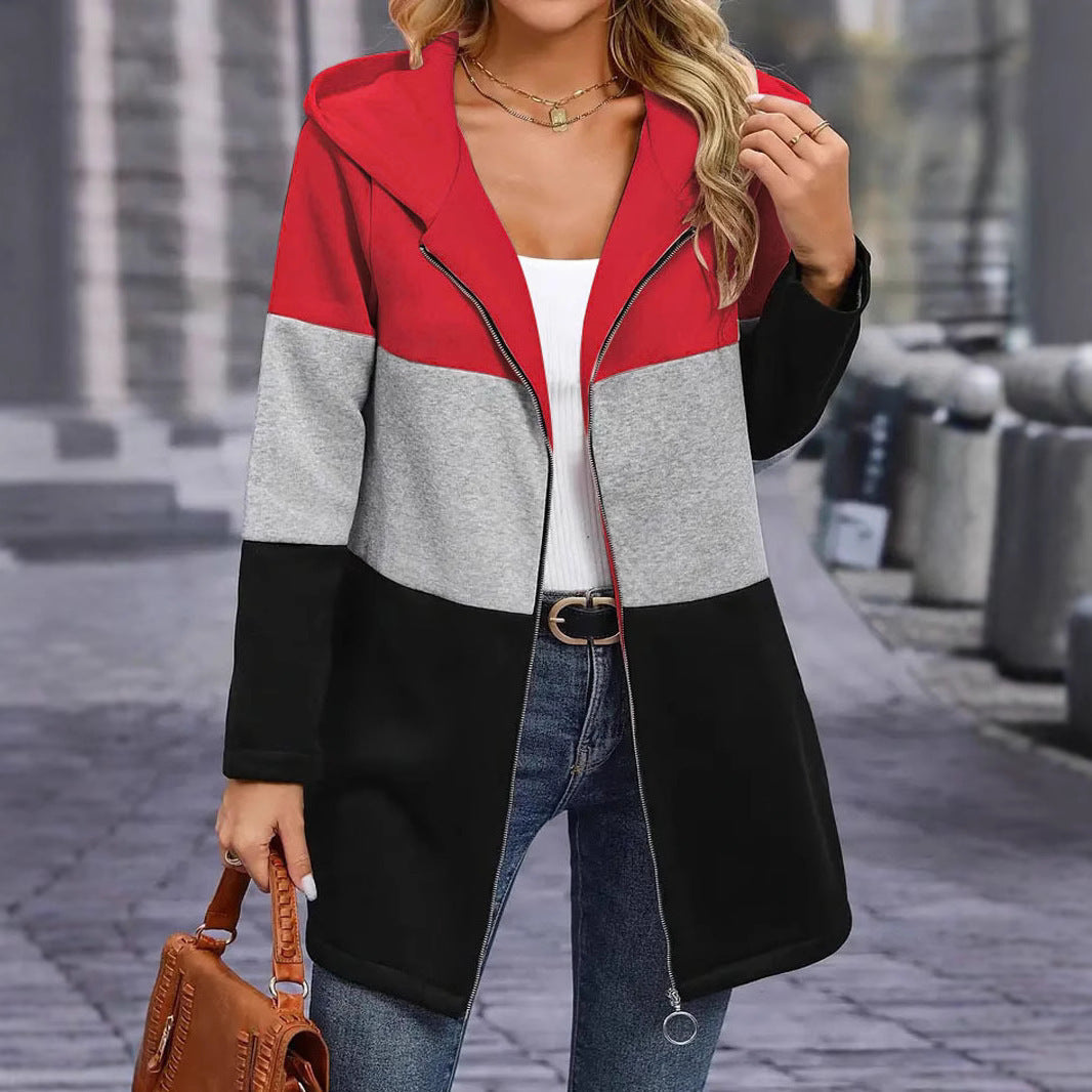 Women's fashionable hooded sweatshirt with color block design and comfortable fit, size