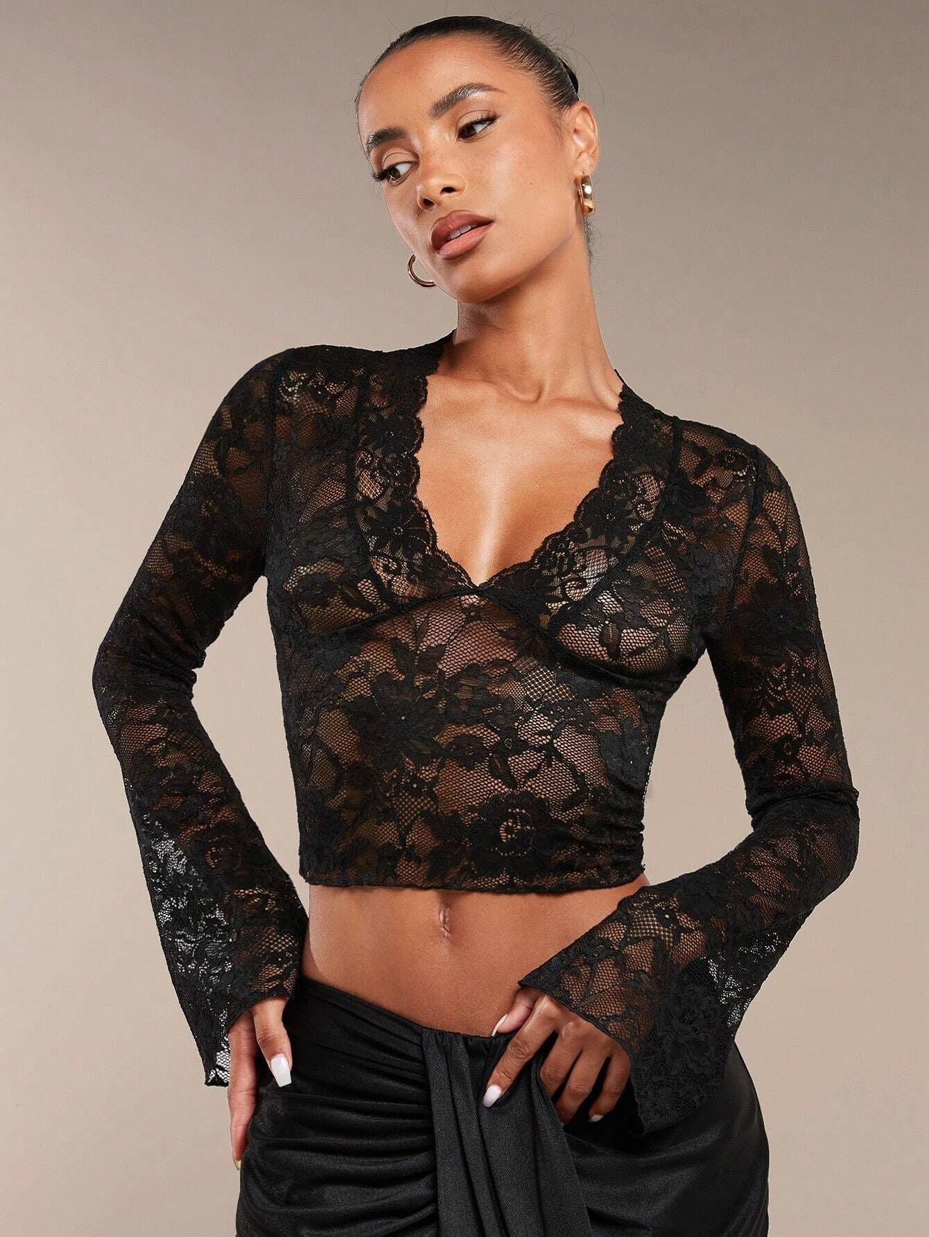 Valenzora | Transparent lace V-neck fitted bell-sleeve top