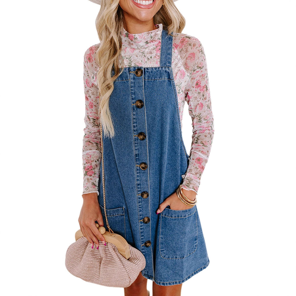 Women's denim dungaree dress with practical pockets and button details Drune