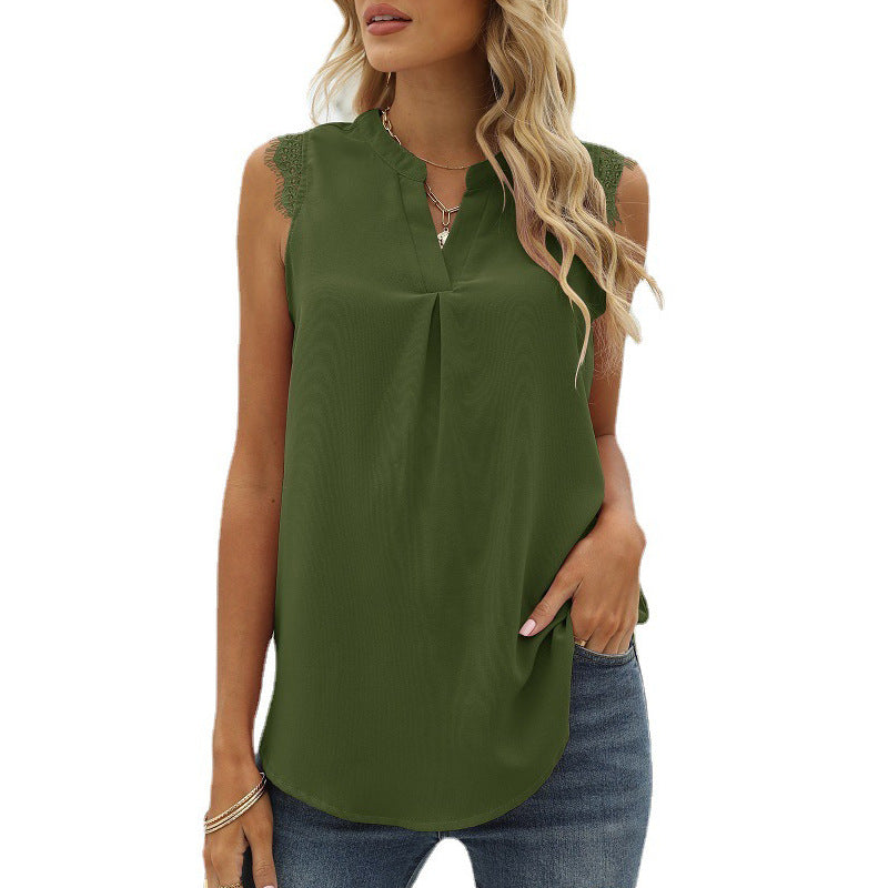 Damen-Bluse ärmellos mit eleganter Spitzen-Einlage und modischen Fältchen, Größe