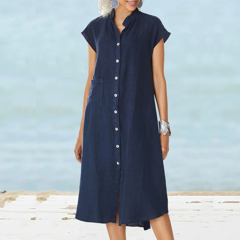 Women's midi dress with comfortable shirt collar and practical side pockets, size