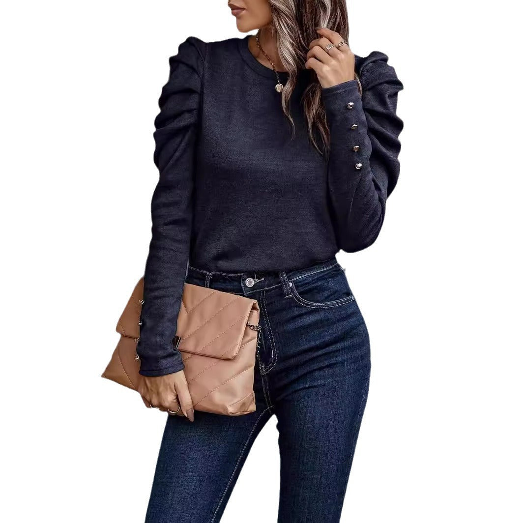 Women's relaxed sweater with fashionable ruffle details and high-set sleeves, size S