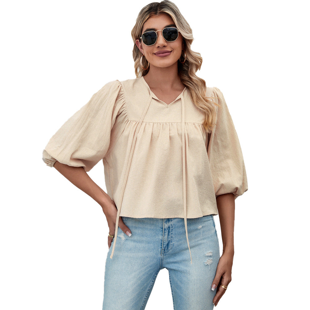 Damen Blusenshirt mit eleganten Puffärmeln und schickem Kordelzug, Größe