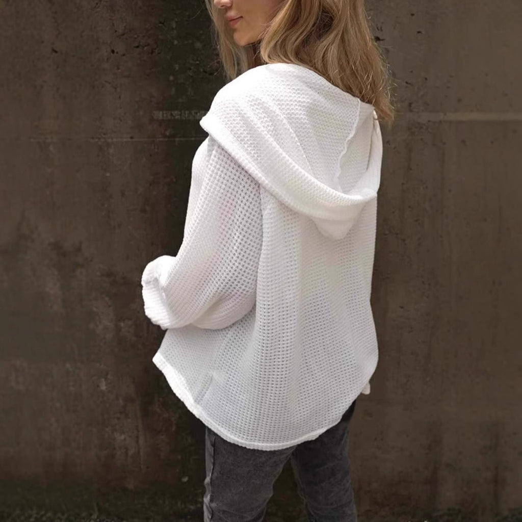 Valenzora | Solid Color Button Drawstring Loose Long Sleeve Hoodie