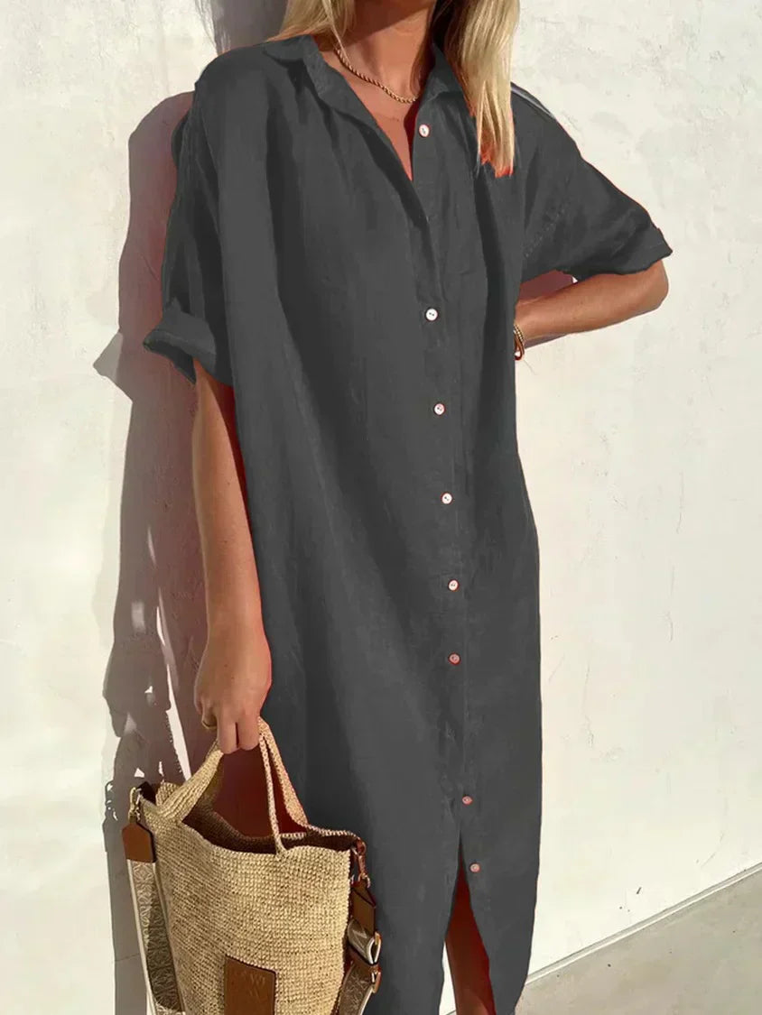 Valenzora | Hemdblusenkleid mit weitem Ausschnitt und schmalen Ärmeln, elegant und lässig, für Damen, Baumwoll- und Leinenkleider