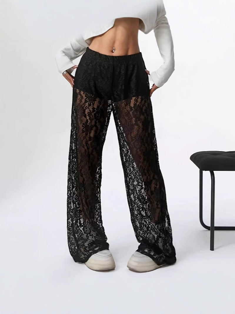 Elegante Damen-Spitzenhose mit weitem Schnitt und elastischem Bund, Größe