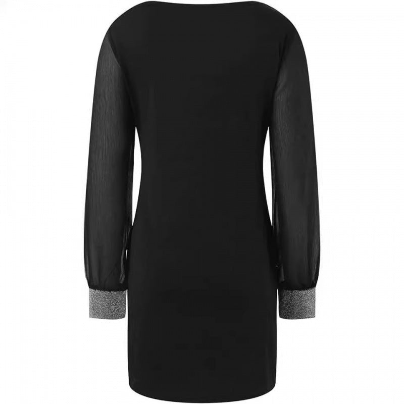 Women's evening dress with sheer sleeves and elegant V-neck, size