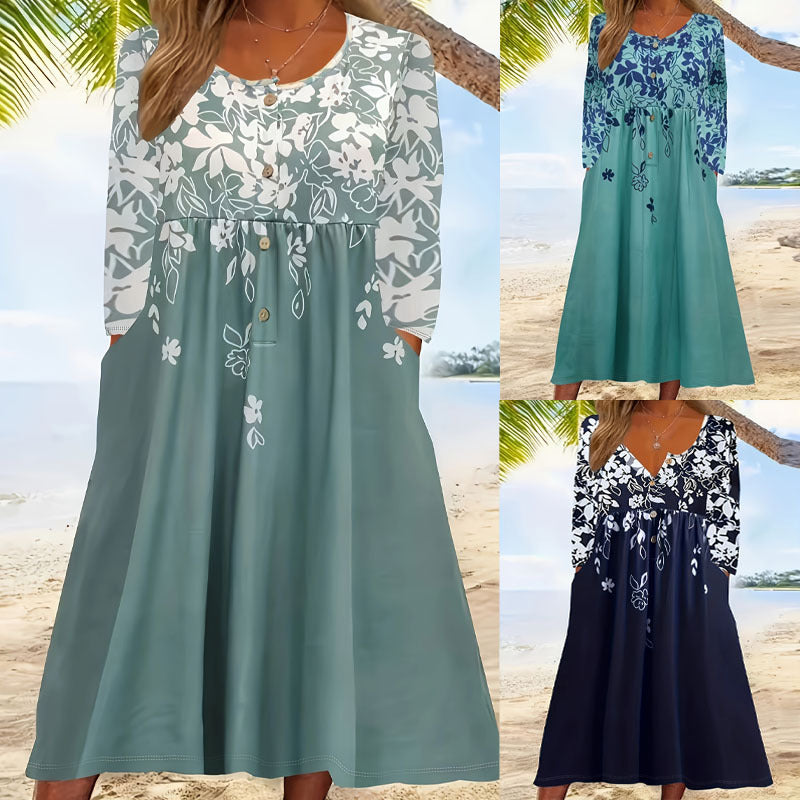 Women's flowing midi dress with floral print and practical pockets, size [size]