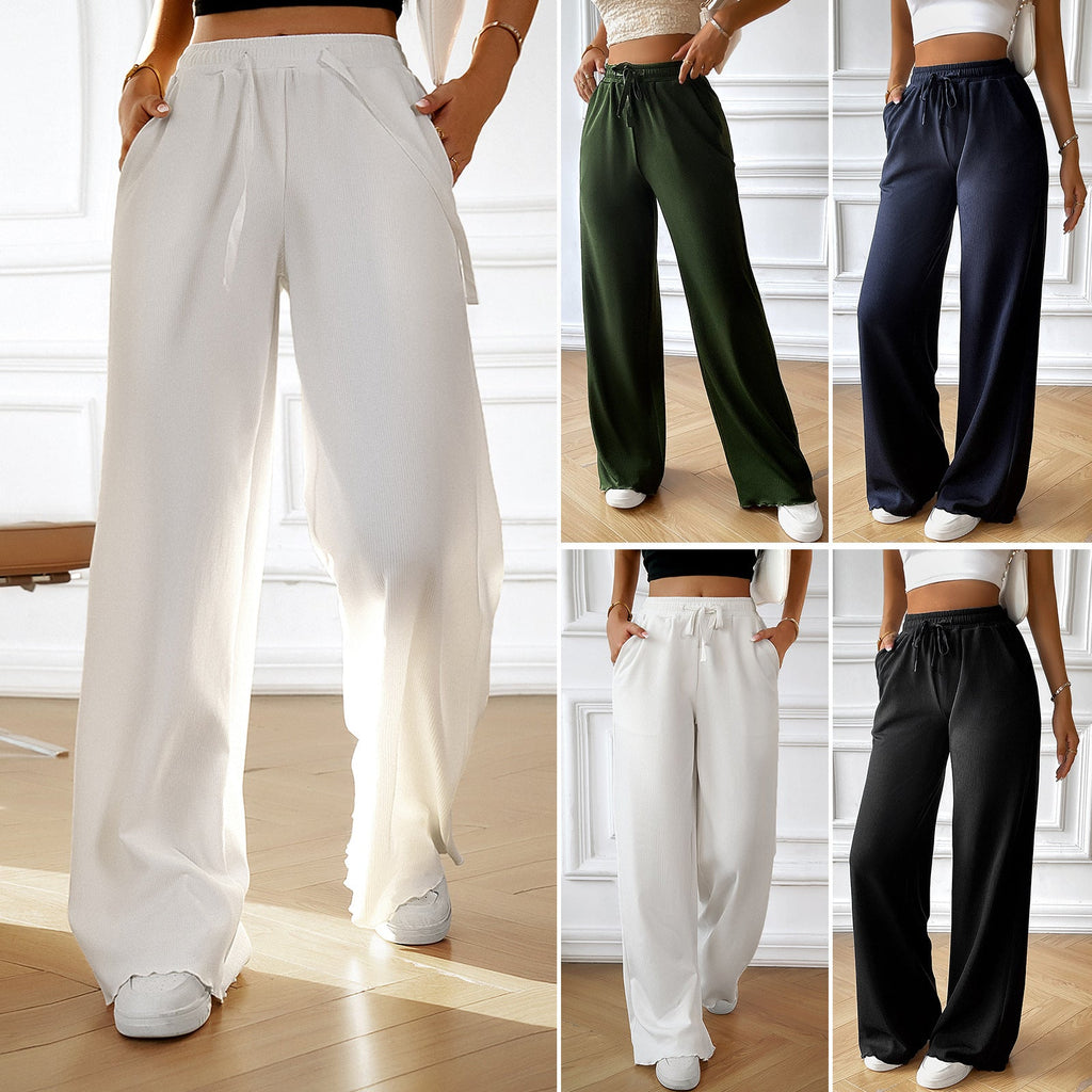 Women's wide-legged summer trousers with elasticated waistband and side pockets, size