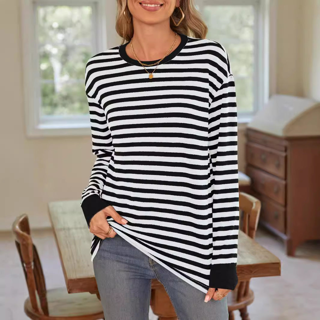 Women's comfortable long-sleeved shirt with striped design and round neckline, size