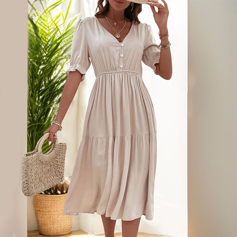 Women's midi dress with buttoned V-neck and airy puff sleeves, size