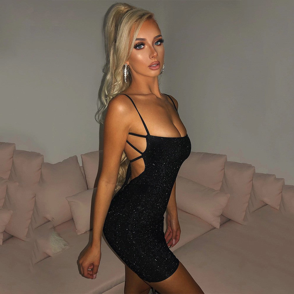 Women's Glittering Mini Dress with Spaghetti Straps Size