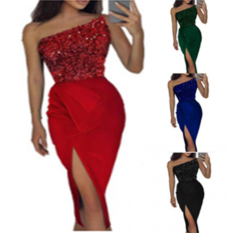 Damen-Abendkleid mit asymmetrischem Design und funkelnden Pailletten, Größe