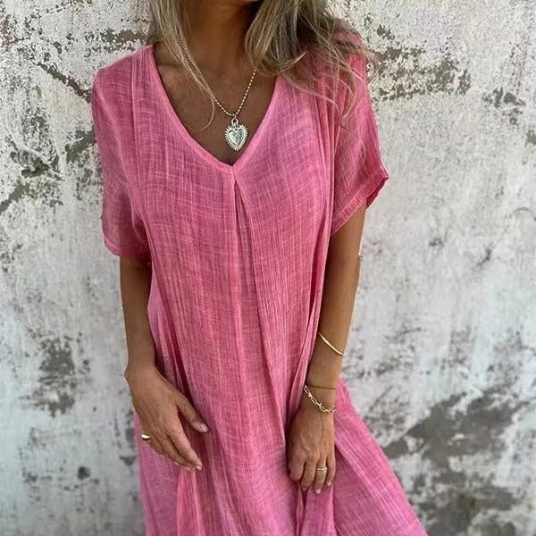 Valenzora | Baumwoll-Leinen-V-Ausschnitt-Kleid