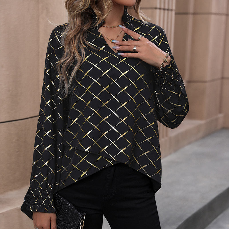Women's blouse with elegant diamond pattern and puff sleeves, size