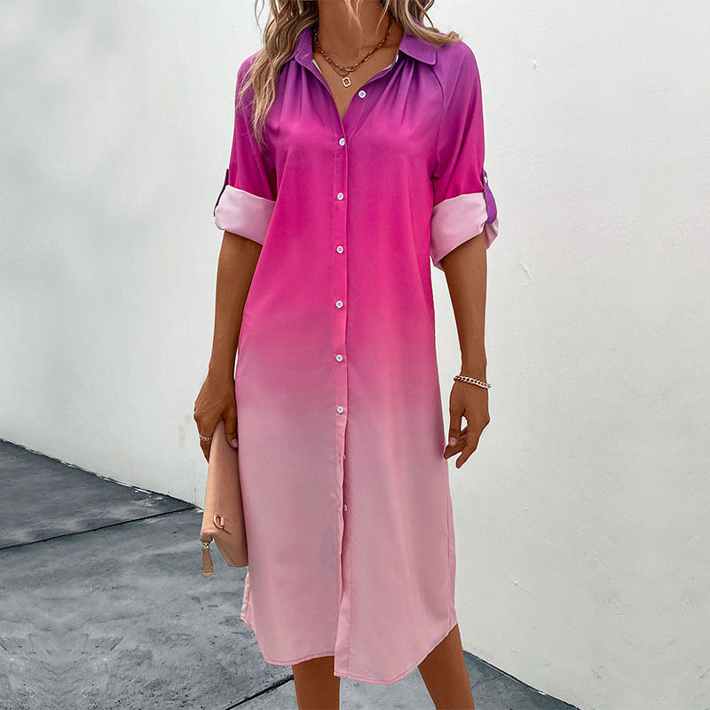 Women's midi dress with a modern color gradient and elegant shirt collar, size