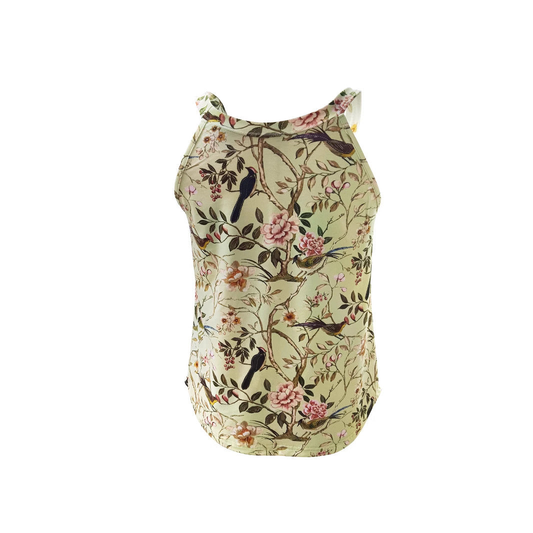 Women's sleeveless floral shirt with high collar, size
