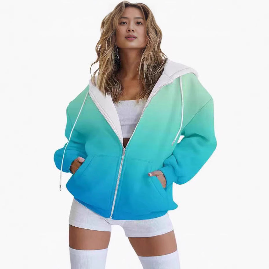 Women's oversized hooded jacket with color gradient and practical pockets, size