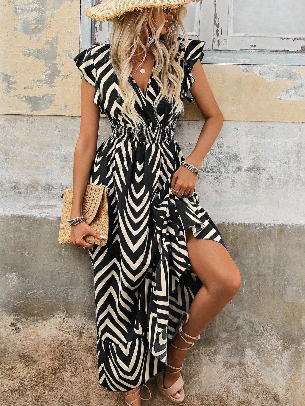 Women's midi dress with an attractive V-neck and elegant pleated skirt, size