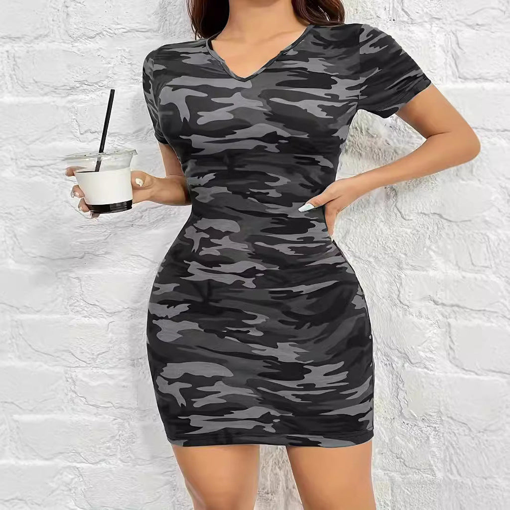 Women's figure-hugging camouflage print dress with short sleeves and V-neck Drune