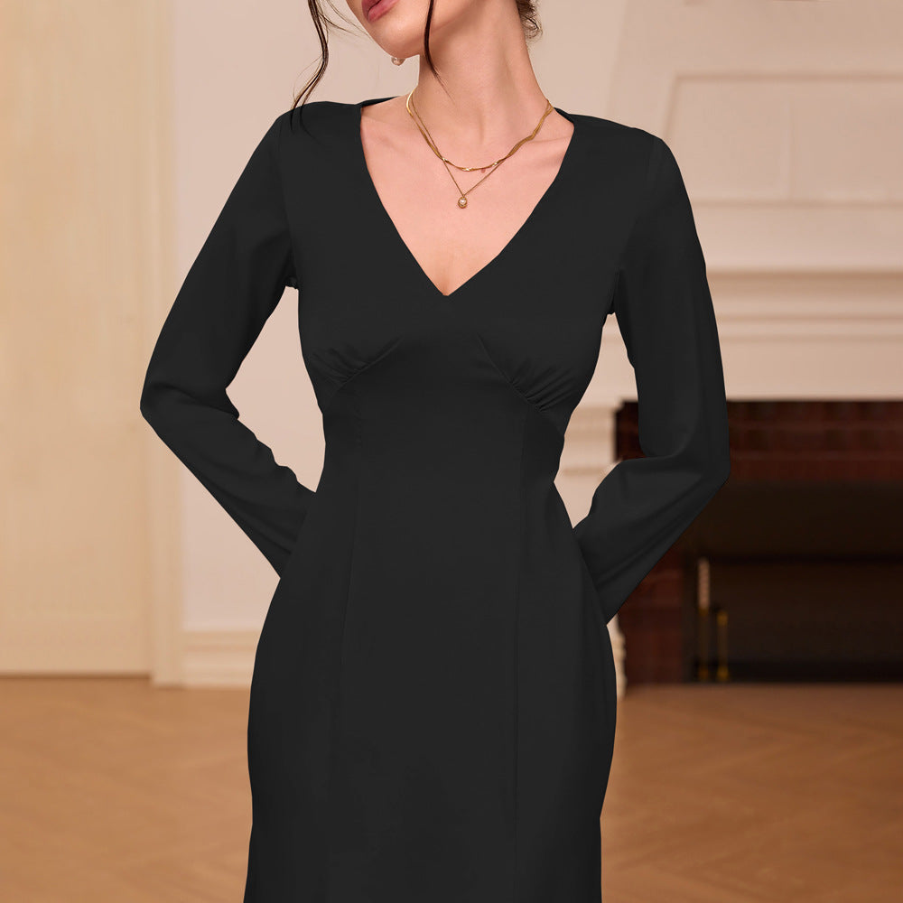 Women's elegant satin dress with V-neck and long sleeves, size