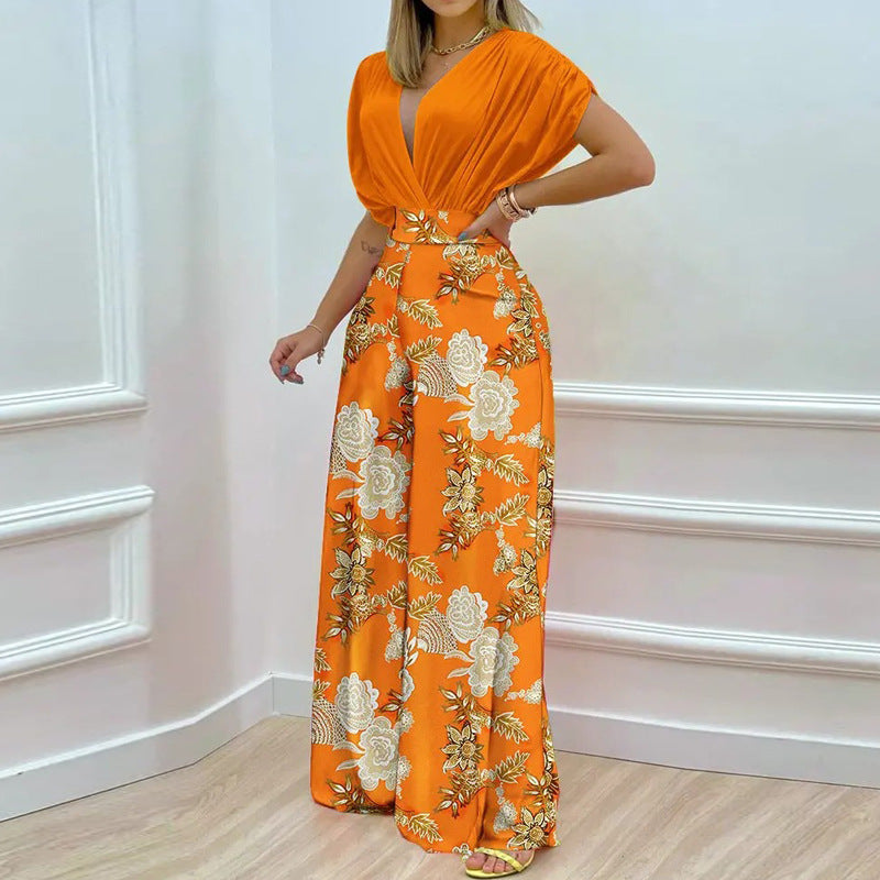 Damen-Jumpsuit mit tiefem V-Ausschnitt und weitem Bein, Größe