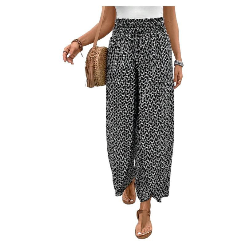Women's wide-leg summer trousers with floral pattern and elasticated waistband, size