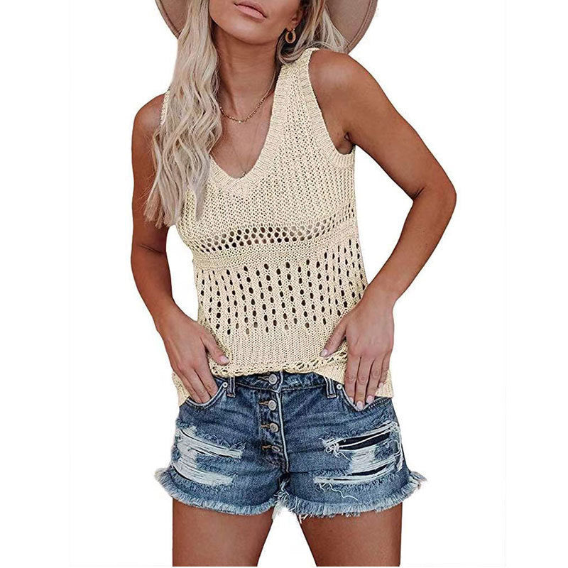 Women's airy knit top with V-neck and delicate openwork patterns, size