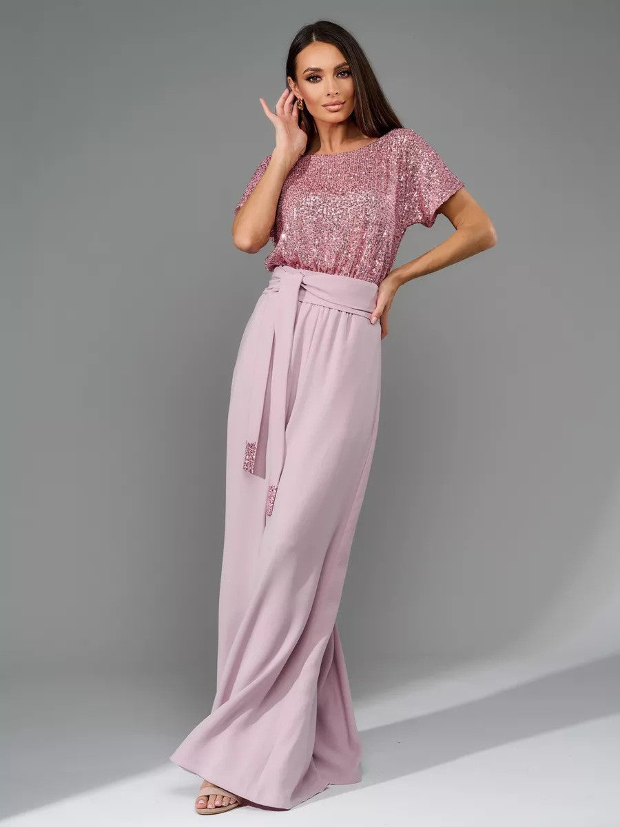 Women's glamorous jumpsuit with glittery top and wide-legged trousers, size